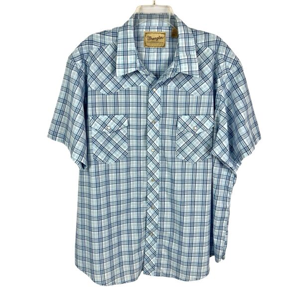 Wrangler Western Blue Plaid Pearl Snap Short Sleeve Shirt Men’s 2XL Cowboy Rodeo - Picture 1 of 9